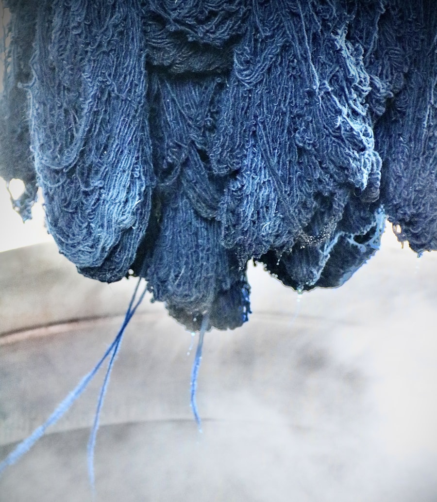 A bound shibori bundle just out of the indigo vat