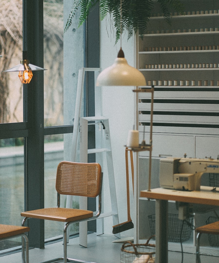 The studio window from inside, benches in the light
